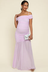 Lavender Ruched Mesh Off Shoulder Maternity Maxi Dress