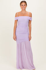 Lavender Ruched Mesh Off Shoulder Maxi Dress