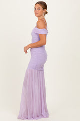 Lavender Ruched Mesh Off Shoulder Maxi Dress