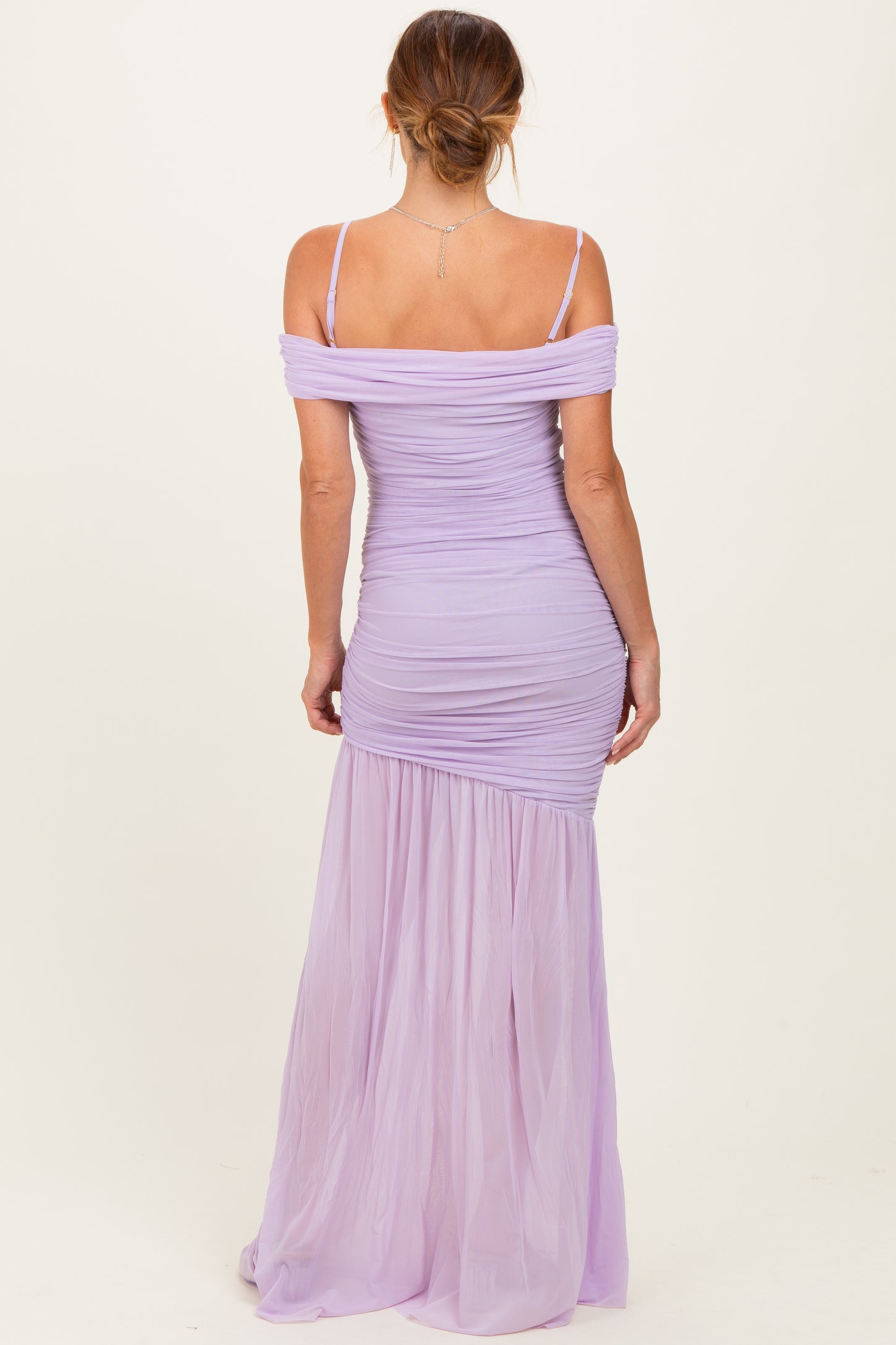 Lavender Ruched Mesh Off Shoulder Maxi Dress
