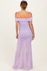 Lavender Ruched Mesh Off Shoulder Maxi Dress