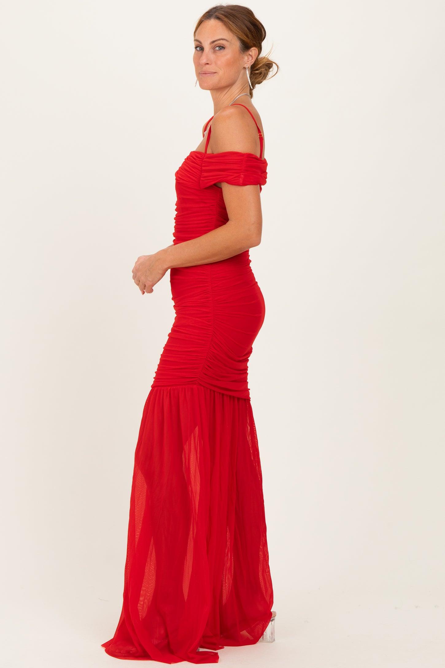 Red Ruched Mesh Off Shoulder Maxi Dress