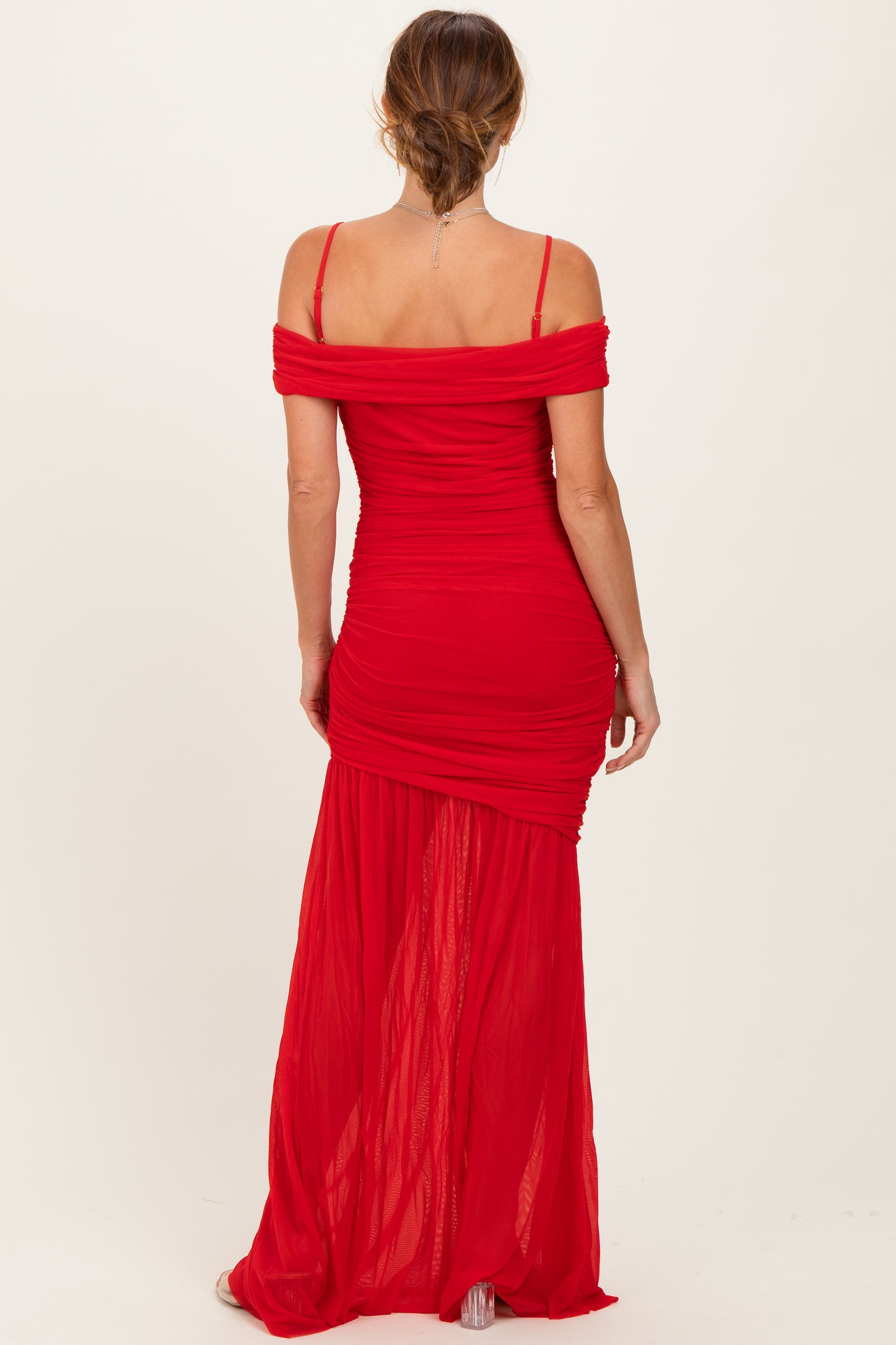 Red Ruched Mesh Off Shoulder Maxi Dress