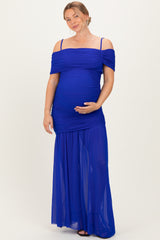 Royal Blue Ruched Mesh Off Shoulder Maternity Maxi Dress