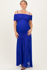 Royal Blue Ruched Mesh Off Shoulder Maternity Maxi Dress