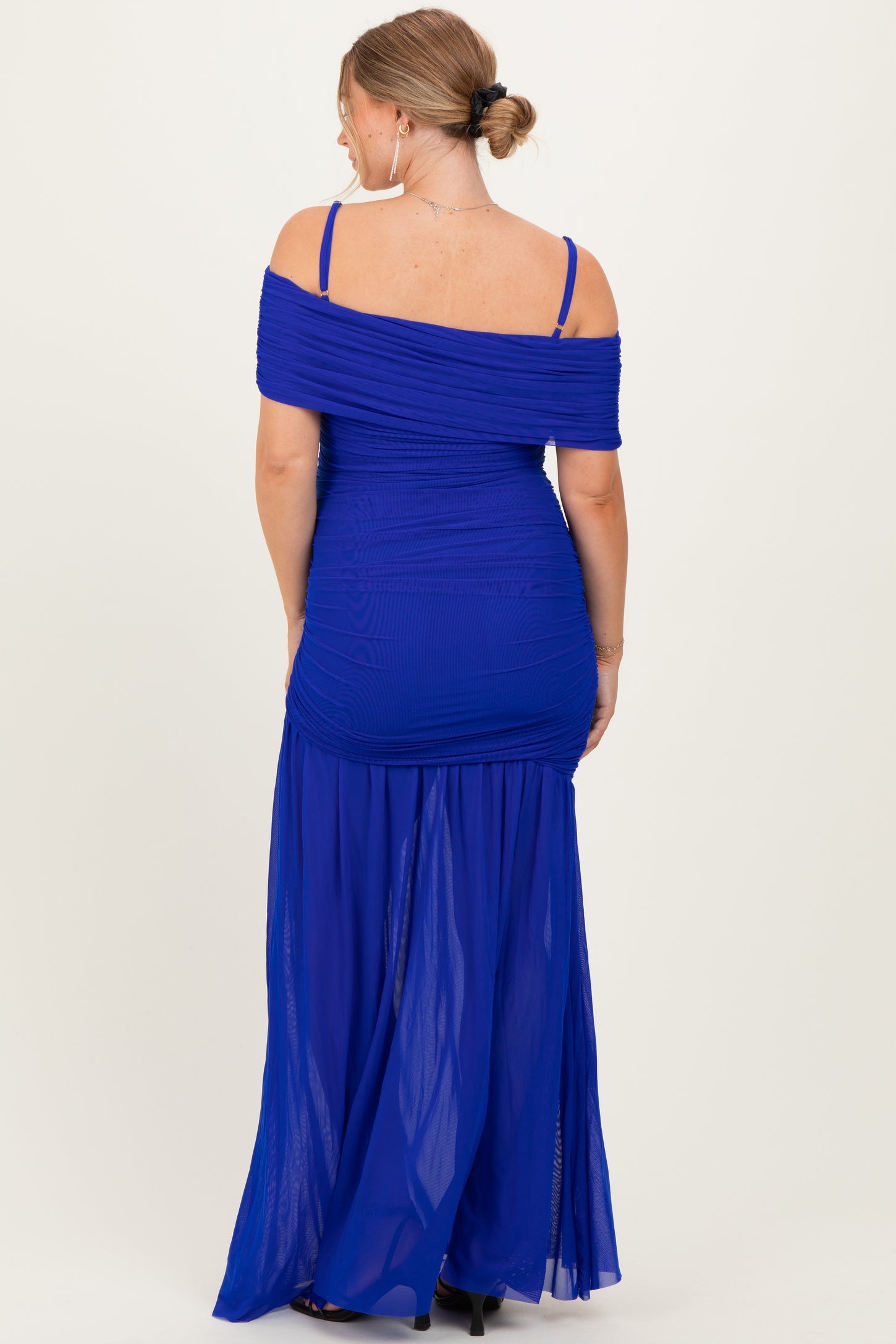 Royal Blue Ruched Mesh Off Shoulder Maternity Maxi Dress