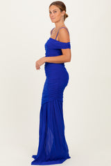 Royal Blue Ruched Mesh Off Shoulder Maxi Dress