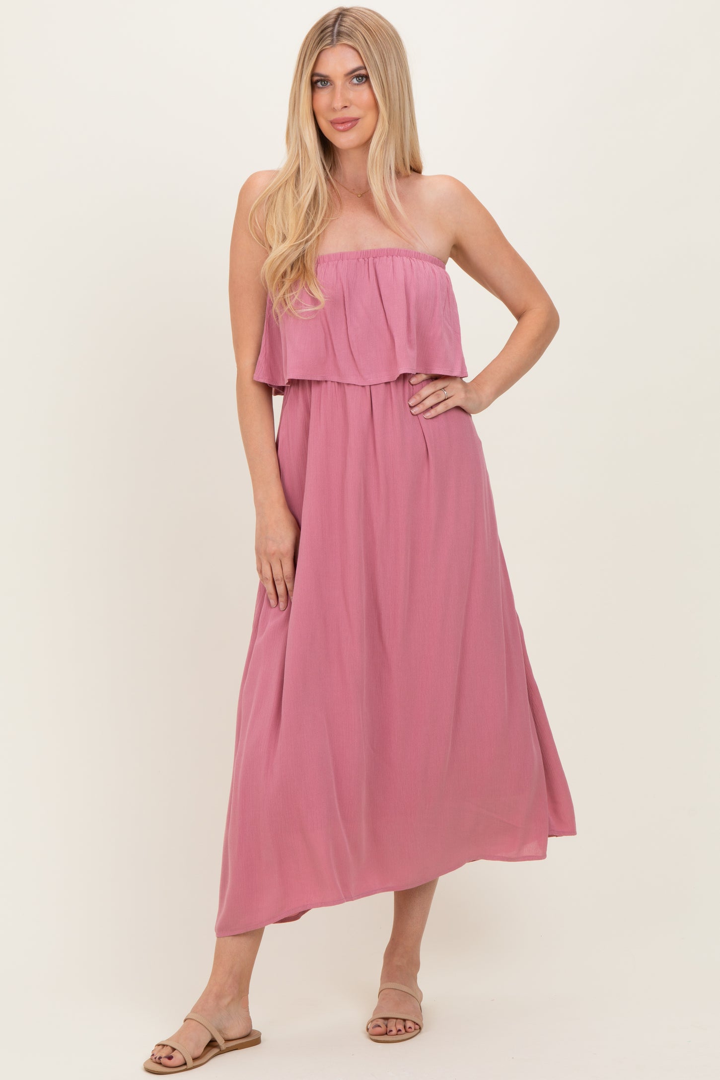 Light Rose Woven Crinkle Flounce Strapless Maternity Maxi Dress