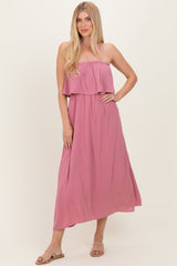 Light Rose Woven Crinkle Flounce Strapless Maternity Maxi Dress