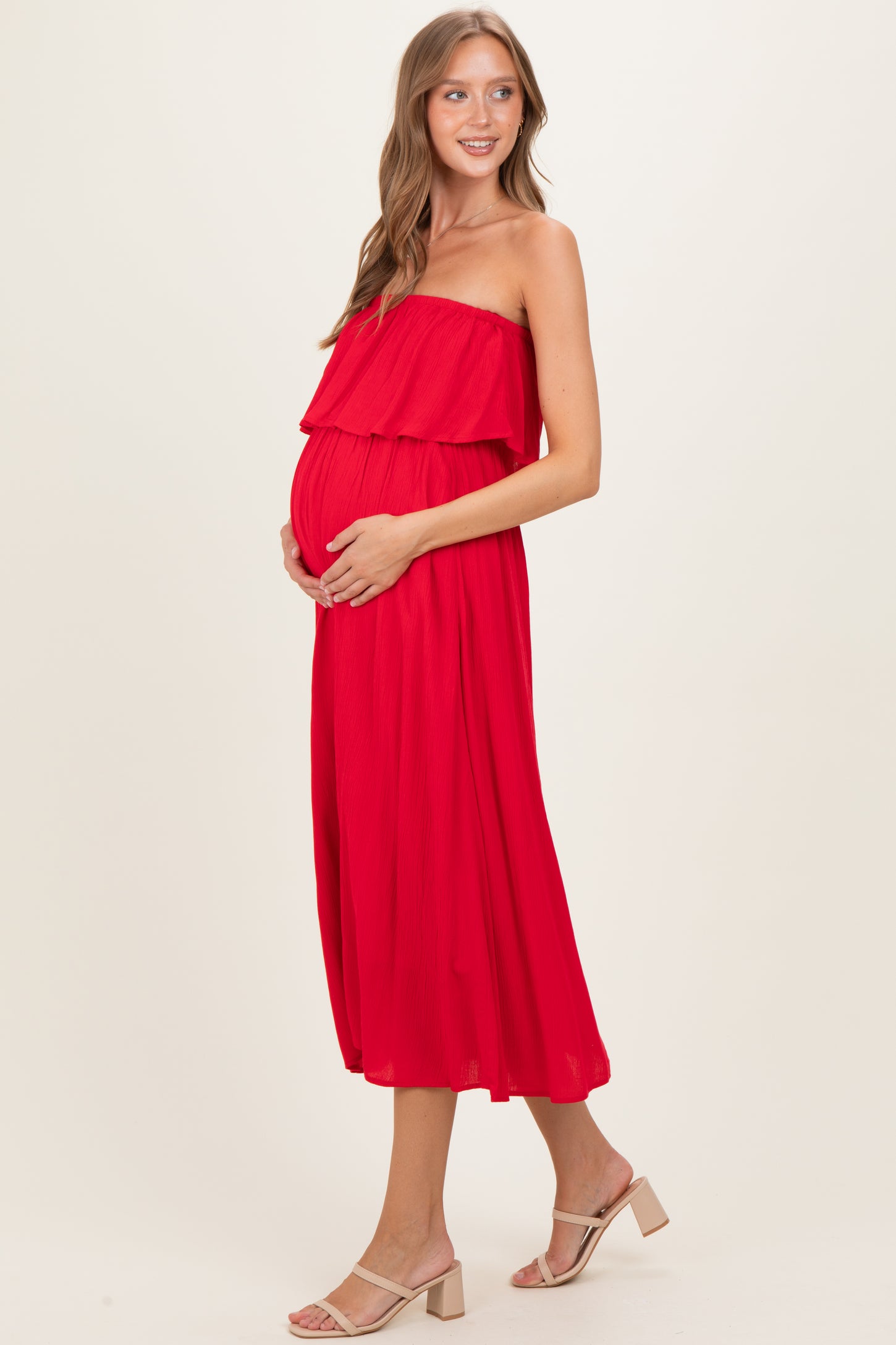 Ruby Woven Crinkle Flounce Strapless Maternity Maxi Dress