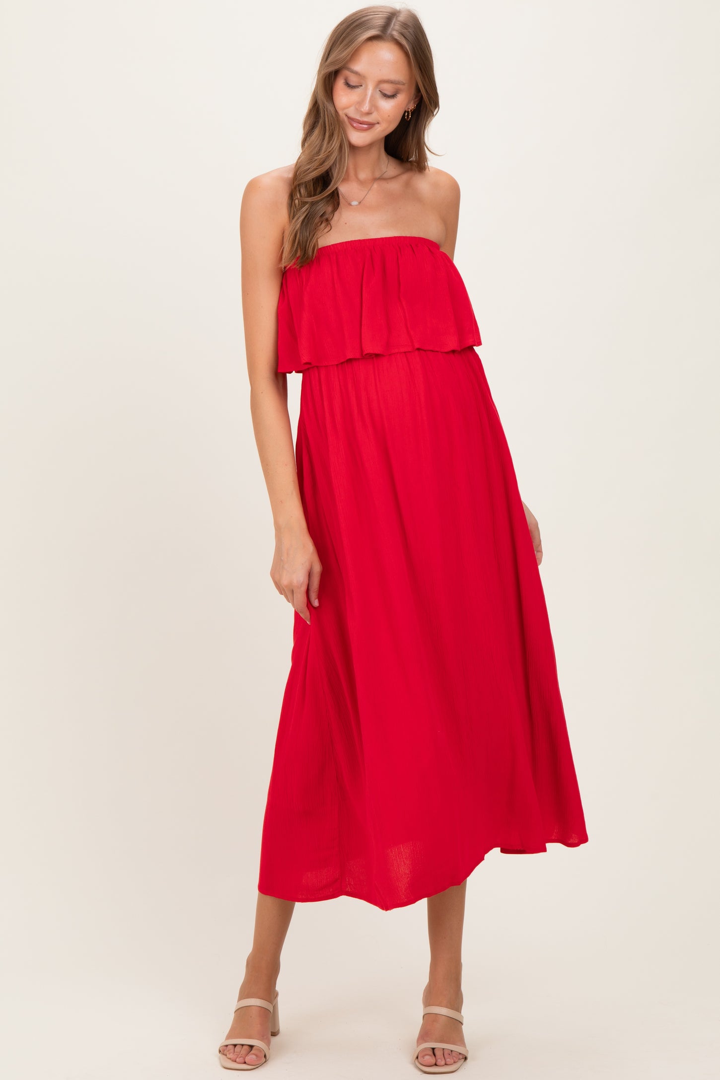 Ruby Woven Crinkle Flounce Strapless Maternity Maxi Dress