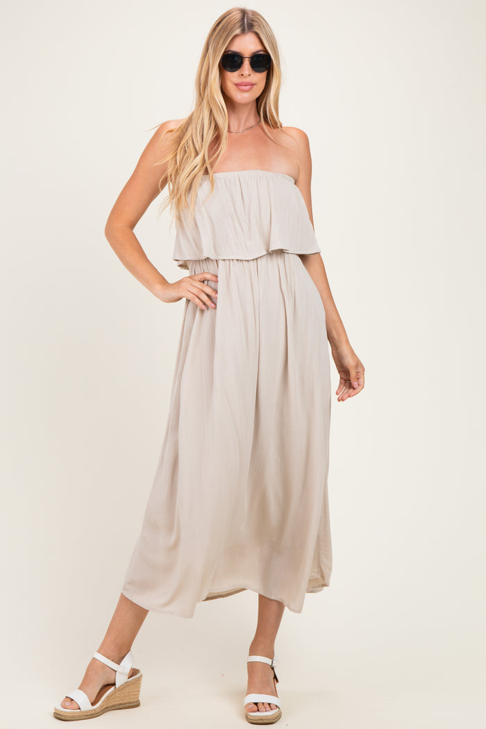 Sand Beige Woven Crinkle Flounce Strapless Maxi Dress