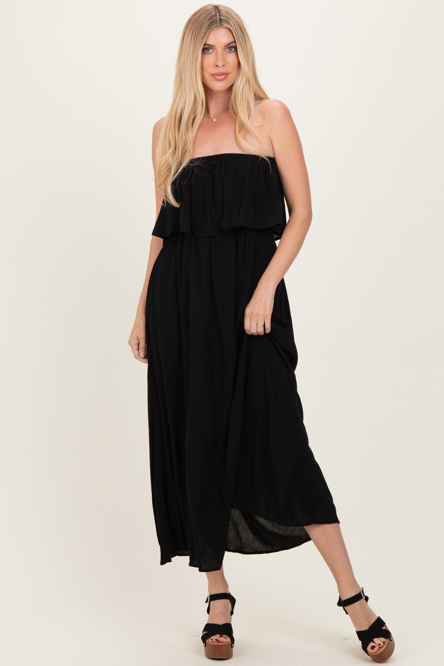 Black Woven Crinkle Flounce Strapless Maxi Dress