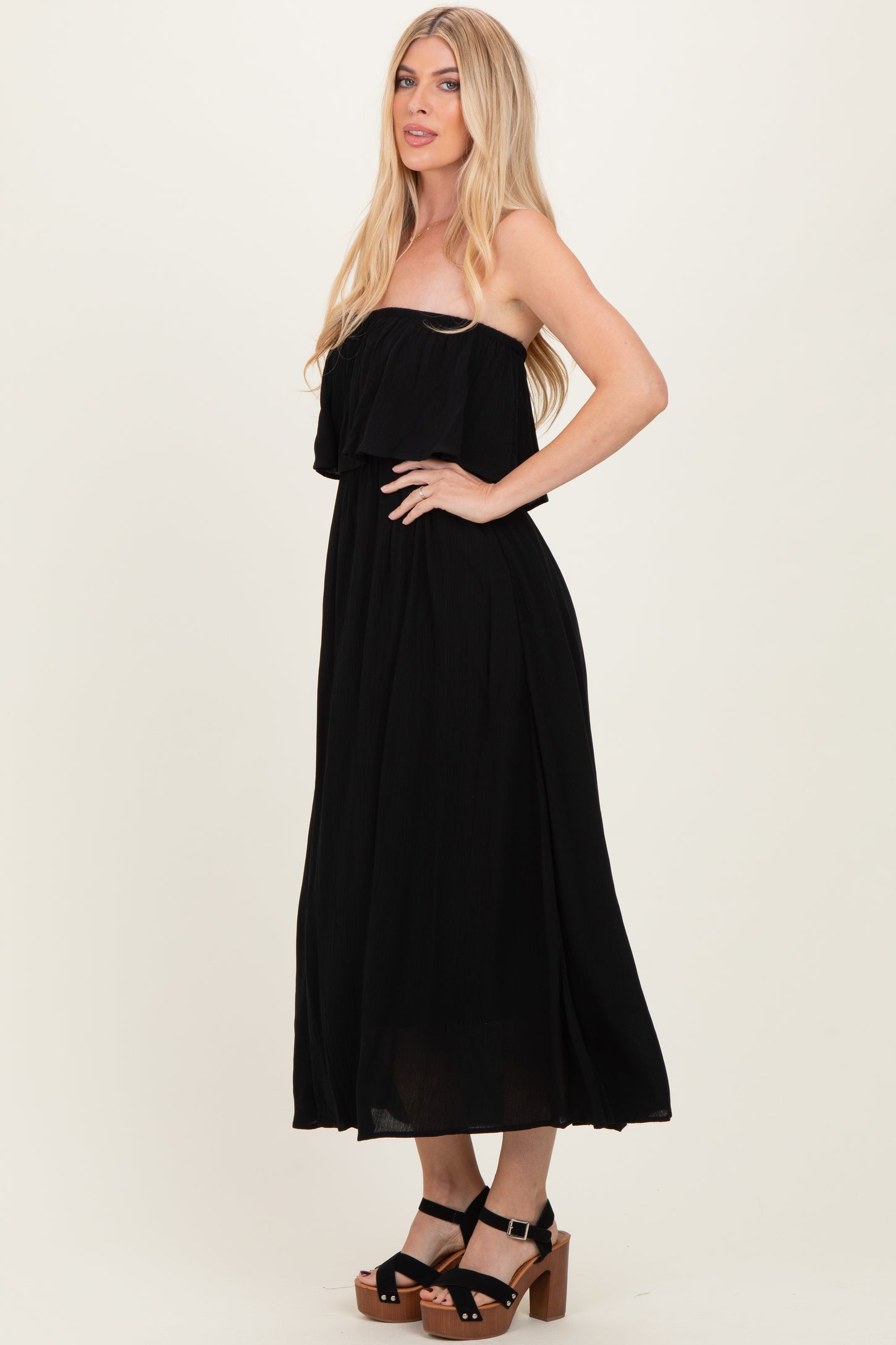 Black Woven Crinkle Flounce Strapless Maxi Dress