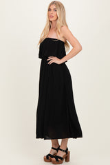 Black Woven Crinkle Flounce Strapless Maxi Dress