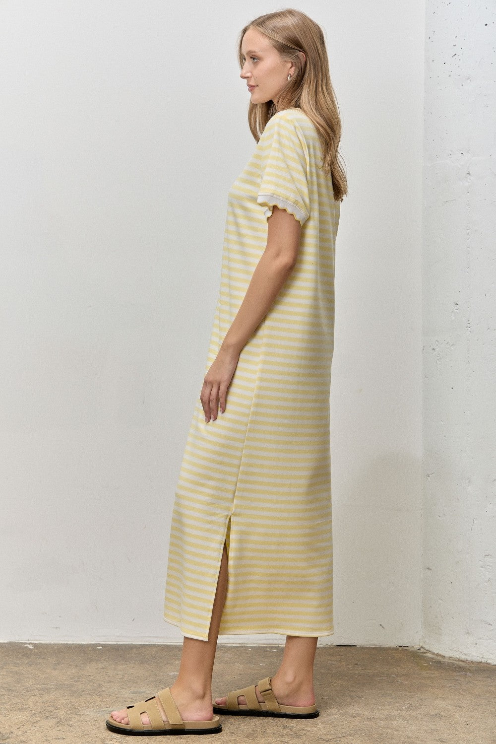 Butter Yellow Striped Scallop Trim Short Sleeve Maxi Dress