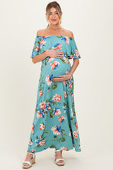 Light Blue Off Shoulder Floral Ruffle Maternity Maxi Dress