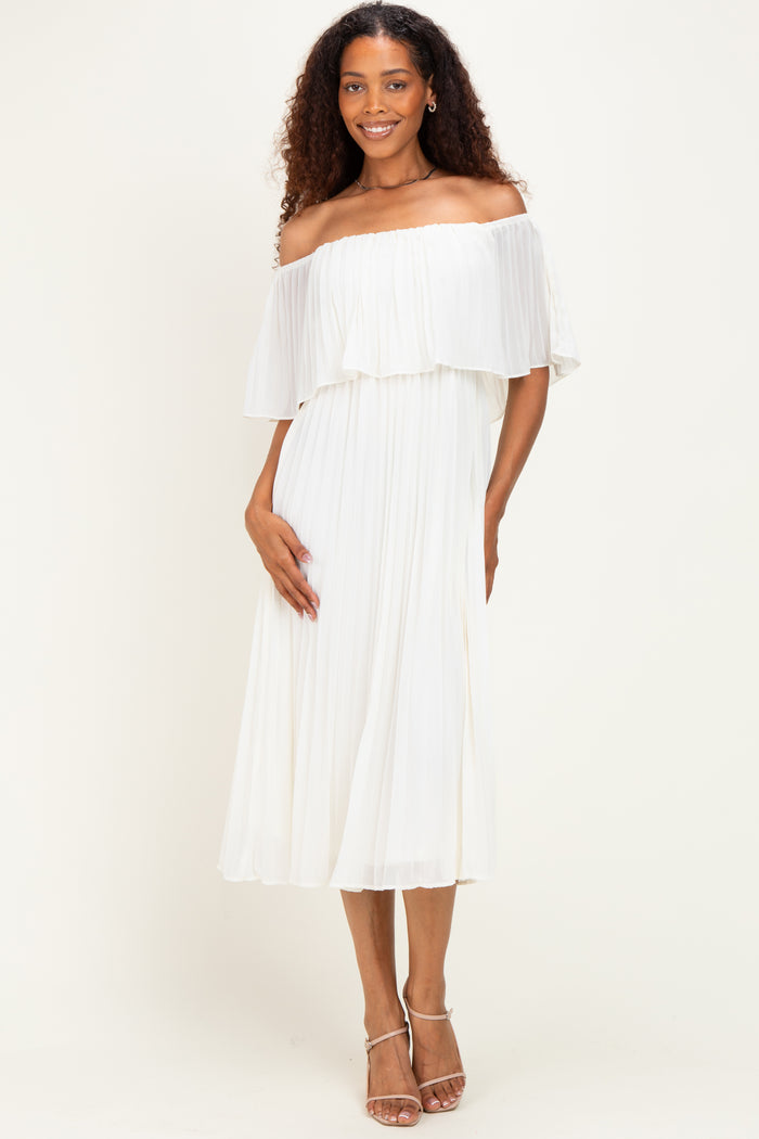 Cream Pleated Off Shoulder Flounce Midi Dress