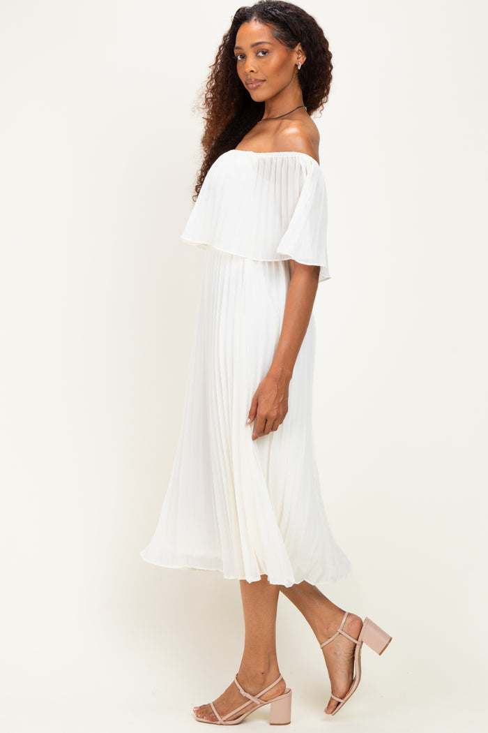 Cream Pleated Off Shoulder Flounce Midi Dress