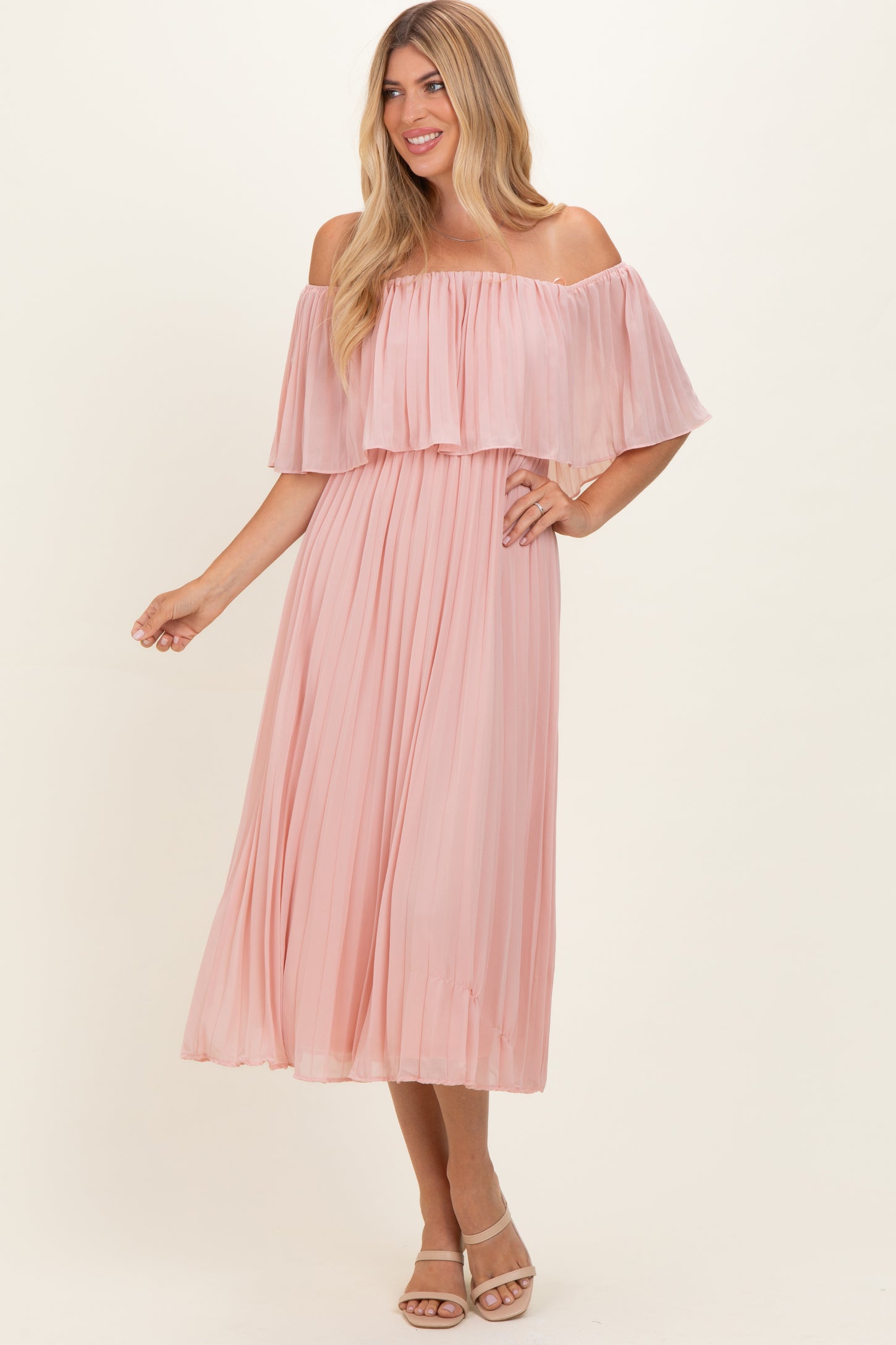 Pink Pleated Off Shoulder Flounce Midi Dress