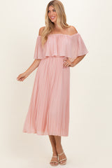 Pink Pleated Off Shoulder Flounce Midi Dress