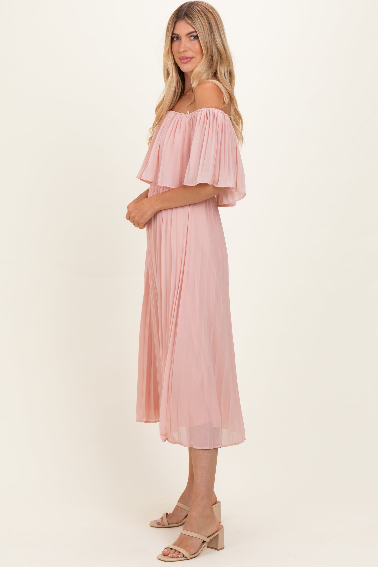 Pink Pleated Off Shoulder Flounce Midi Dress