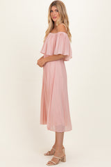 Pink Pleated Off Shoulder Flounce Midi Dress