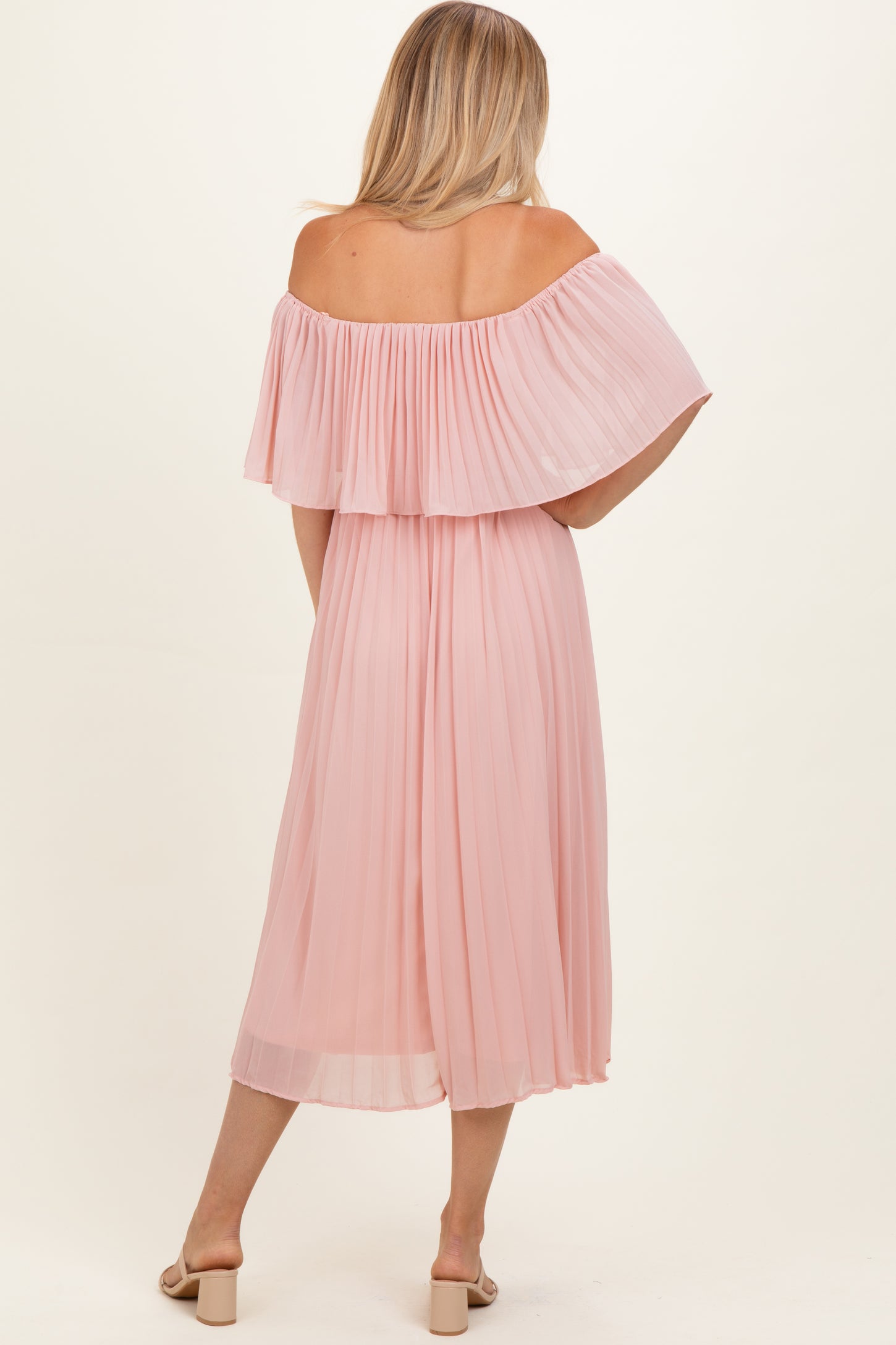 Pink Pleated Off Shoulder Flounce Midi Dress