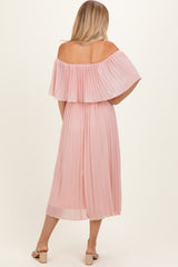 Pink Pleated Off Shoulder Flounce Midi Dress