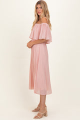 Pink Pleated Off Shoulder Flounce Midi Dress