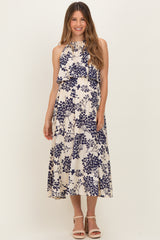 Navy Floral Flounce Halter Maternity Midi Dress