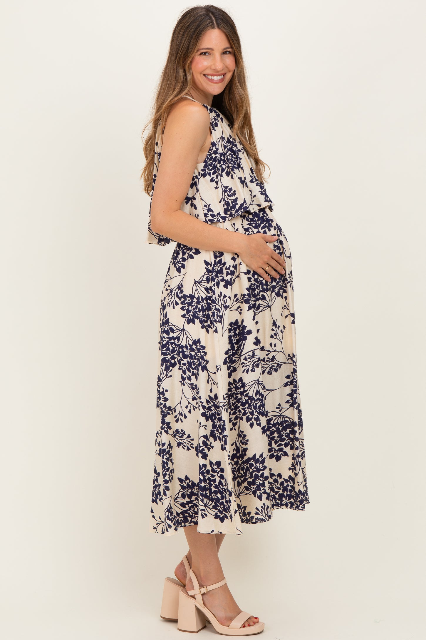 Navy Floral Flounce Halter Maternity Midi Dress