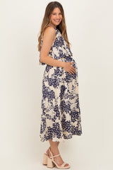Navy Floral Flounce Halter Maternity Midi Dress