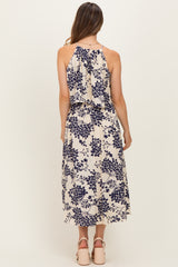 Navy Floral Flounce Halter Maternity Midi Dress