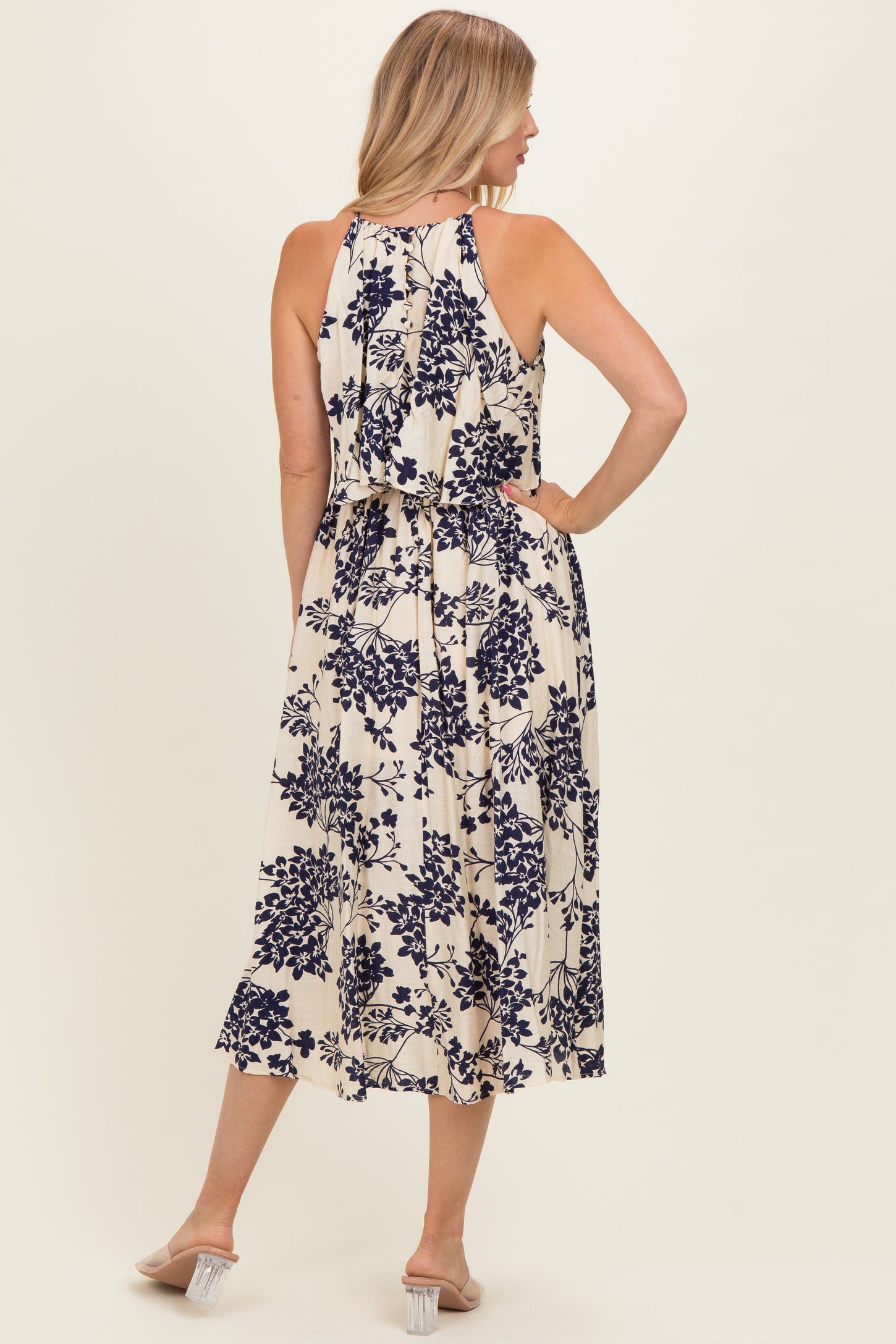 Navy Floral Flounce Halter Midi Dress