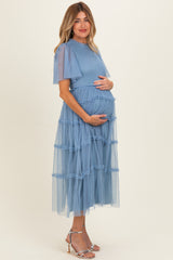 Blue Smocked Top Mesh Midi Dress