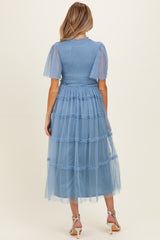 Blue Smocked Top Mesh Midi Dress
