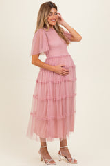 Pink Smocked Top Mesh Midi Dress