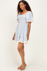 Light Blue Striped Smocked Lace Trim Dress