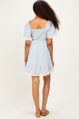Light Blue Striped Smocked Lace Trim Dress