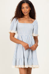 Light Blue Striped Smocked Lace Trim Dress