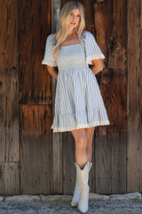 Light Blue Striped Smocked Lace Trim Dress