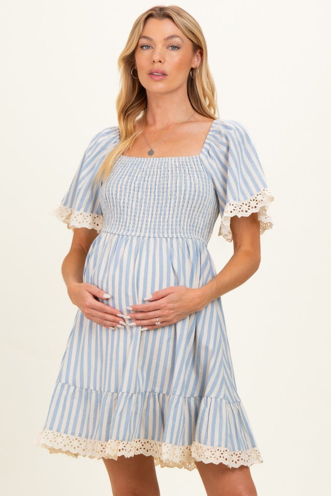 Light Blue Striped Smocked Lace Trim Maternity Dress