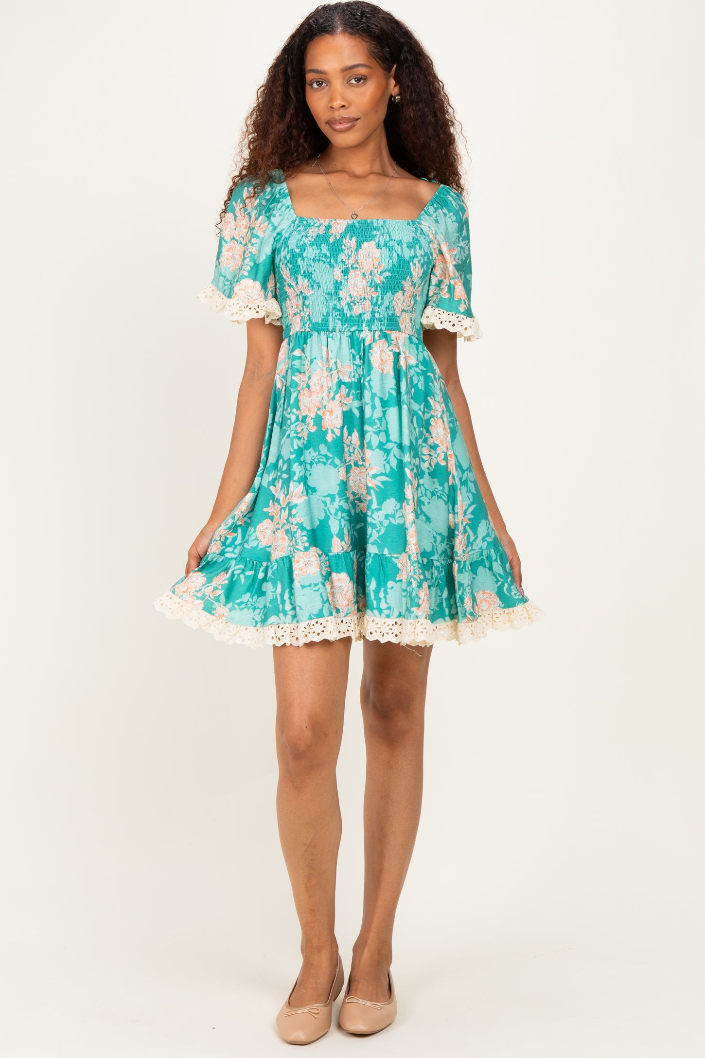 Jade Floral Smocked Lace Trim Dress