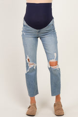 Blue Straight Leg Distressed Maternity Jeans