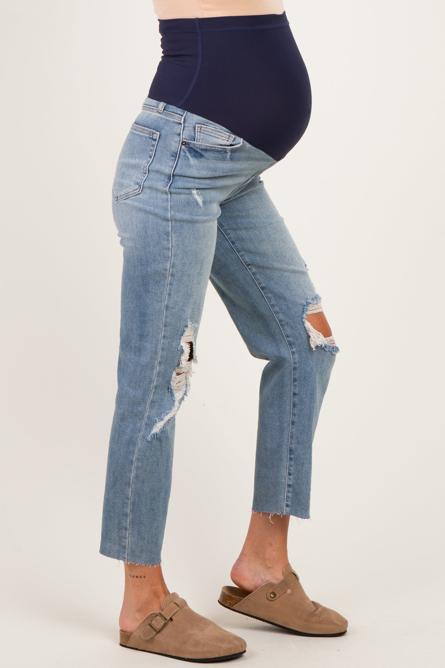 Blue Straight Leg Distressed Maternity Jeans