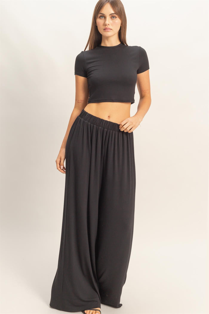 Black Short Sleeve Crop Top Wide Leg Pant Set