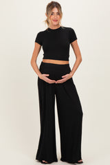 Black Short Sleeve Crop Top Wide Leg Pant Maternity Set