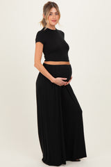 Black Short Sleeve Crop Top Wide Leg Pant Maternity Set