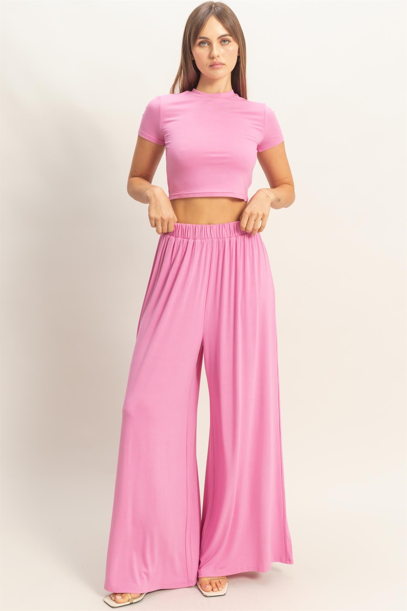 Pink Short Sleeve Crop Top Wide Leg Pant Set